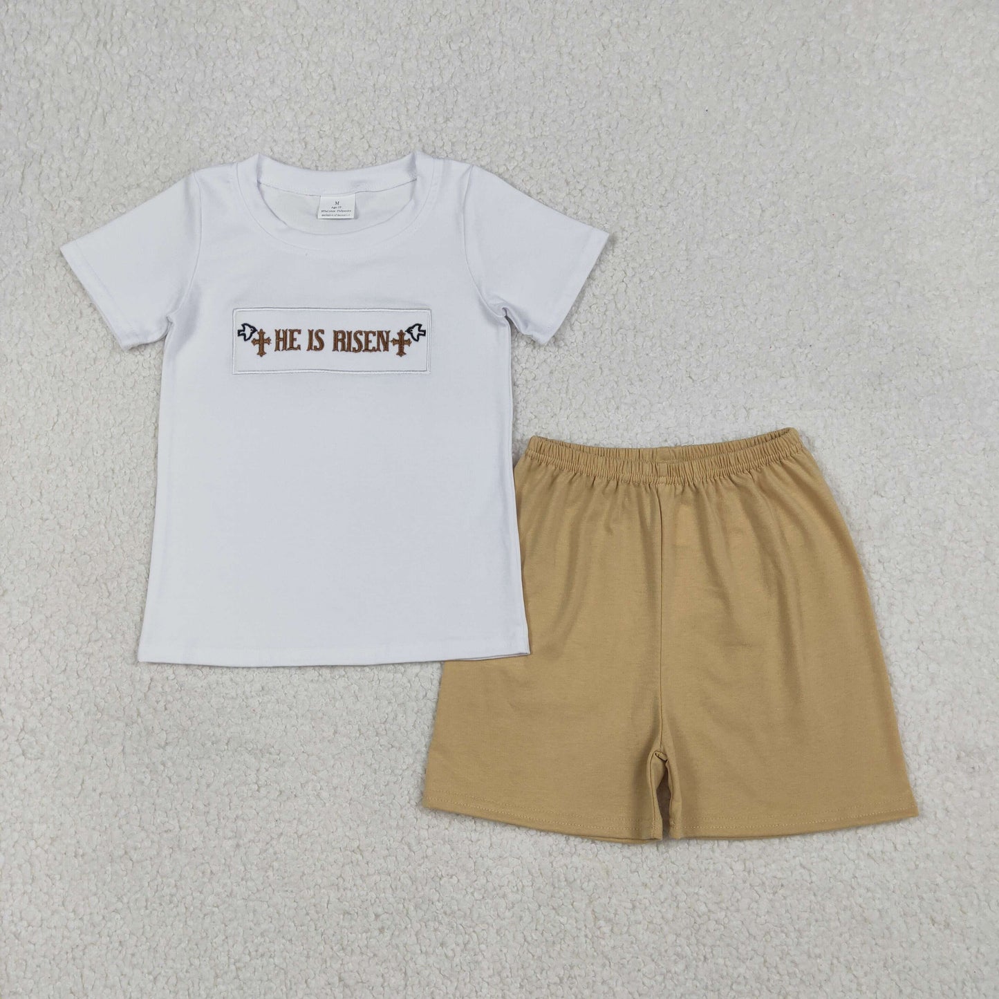 BSSO1674 He is Risen Cross Embroidery White Top Khaki Shorts Boys Easter Clothes Set
