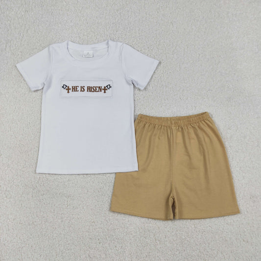 BSSO1674 He is Risen Cross Embroidery White Top Khaki Shorts Boys Easter Clothes Set
