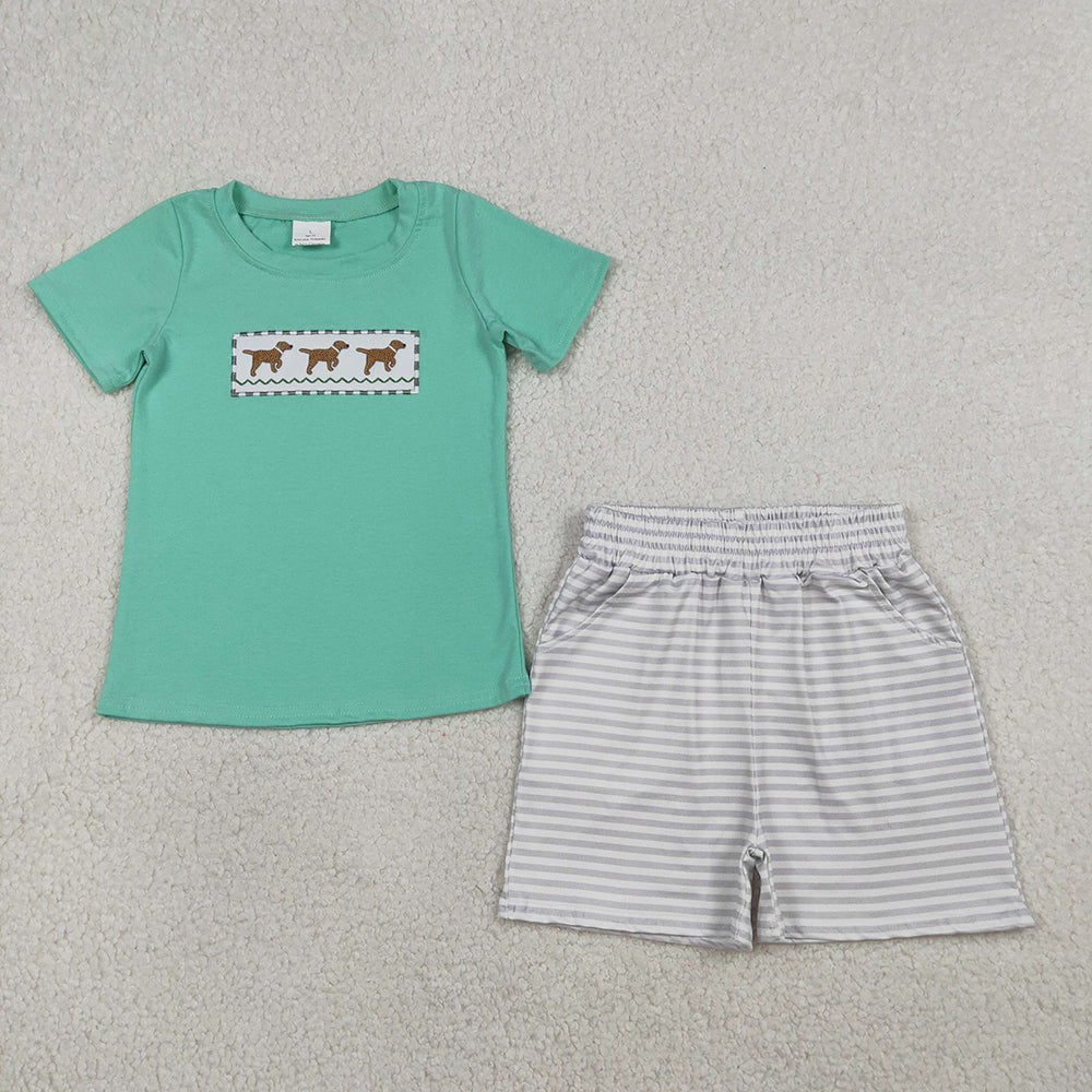 BSSO1688 Puppy Embroidery Green Top Stripes Shorts Boys Summer Clothes Set
