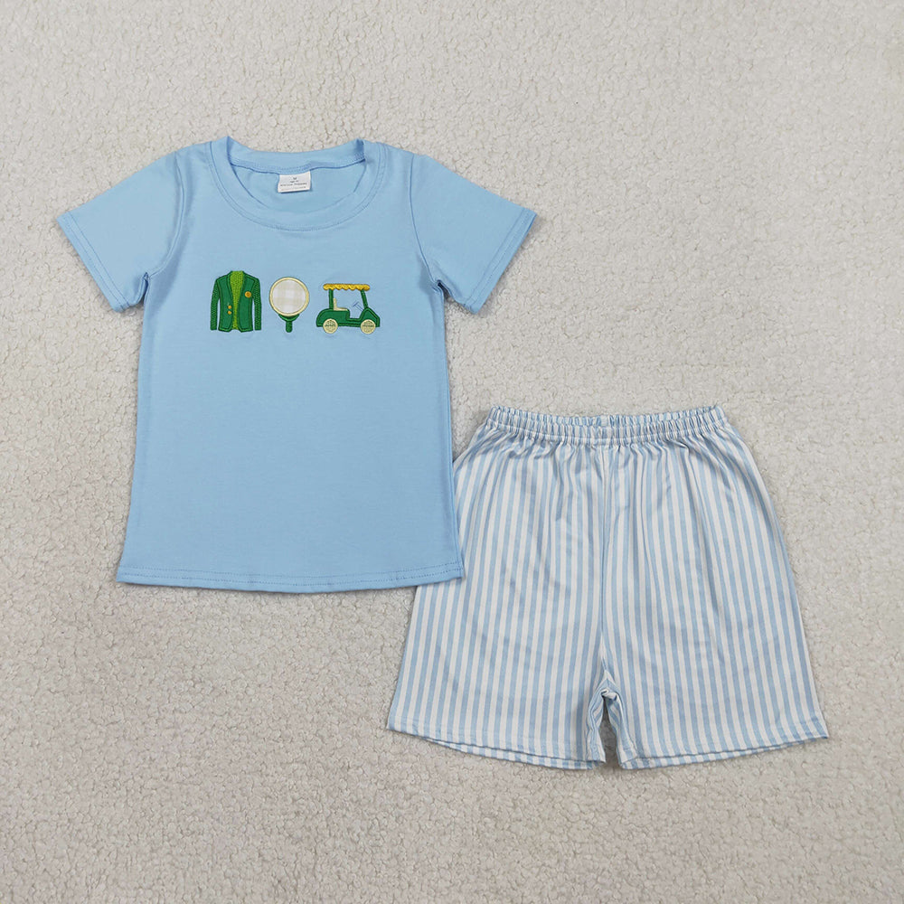 BSSO1696 Golf Truck Embroidery Blue Top Stripes Shorts Boys Summer Clothes Set