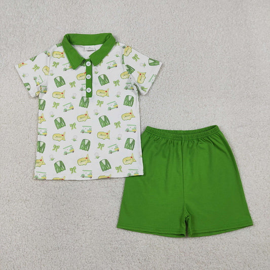 BSSO1697 Golf Truck Polo Top Green Shorts Boys Summer Clothes Set
