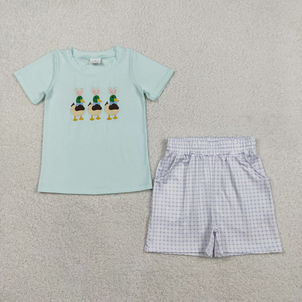 BSSO1719  Duck Bunny Embroidery Top Plaid Shorts Boys Easter Clothes Set