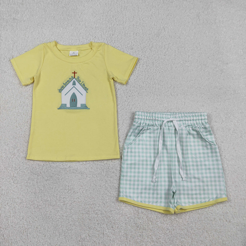 BSSO1740  Jesus Loves Me Embroidery Yellow Top Plaid Shorts Boys Summer Clothes Set