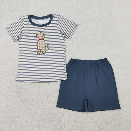 BSSO1745  Puppy Embroidery Stripes Top Navy Shorts Boys Summer Clothes Set