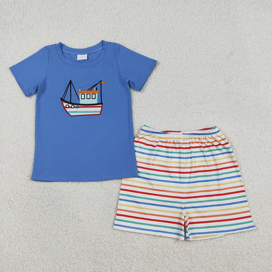 BSSO1754 Ship Embroidery Blue Top Stripes Shorts Boys Summer Clothes Set