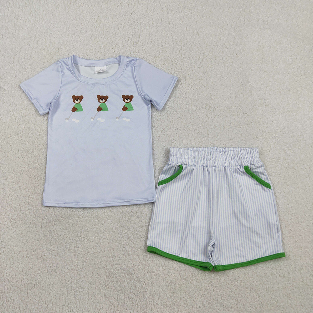 BSSO1757 Bear Golf Light Blue Top Stripes Shorts Boys Summer Clothes Set