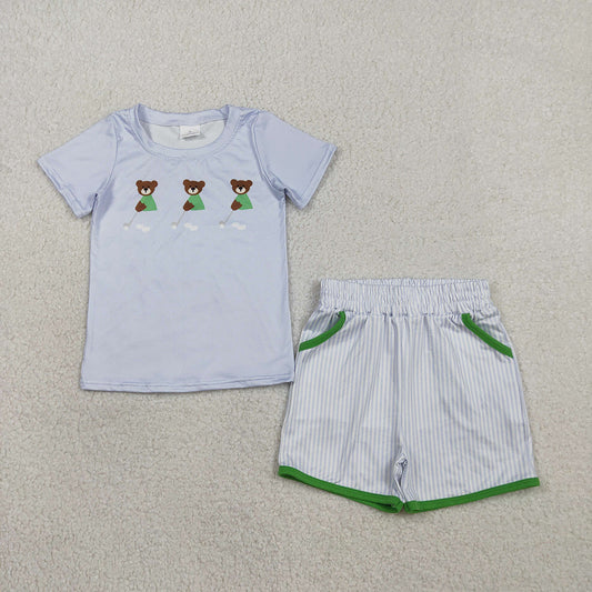 BSSO1757 Bear Golf Light Blue Top Stripes Shorts Boys Summer Clothes Set