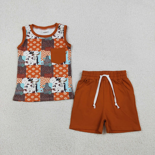 BSSO1773  Howdy Cow Skull Aztec Plaid Pocket Top Brown Shorts Boys Summer Clothes Set