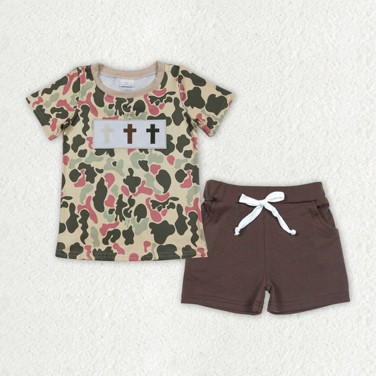 BSSO1780 Cross Embroidery Camo Top Brown Shorts Boys Easter Clothes Set