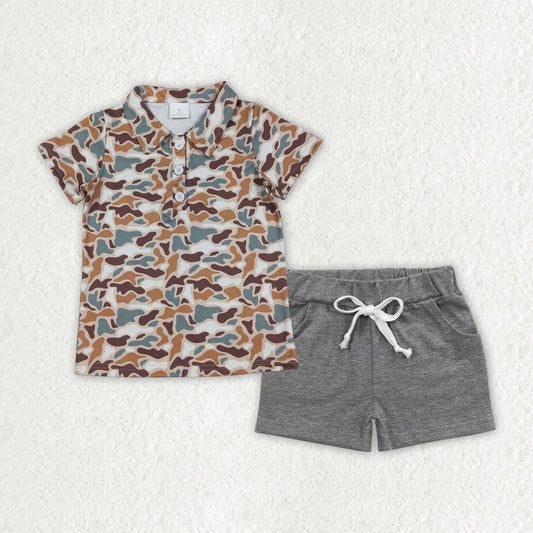 BSSO1782 Brown Camo Top Grey Shorts Boys Summer Clothes Set
