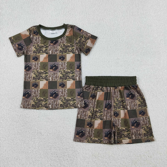 BSSO1801  Monster Trucks Camo Plaid Print Boys Summer Clothes Set