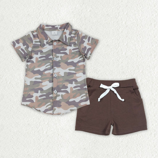 BSSO1804 Camo Top Brown Shorts Boys Summer Clothes Set