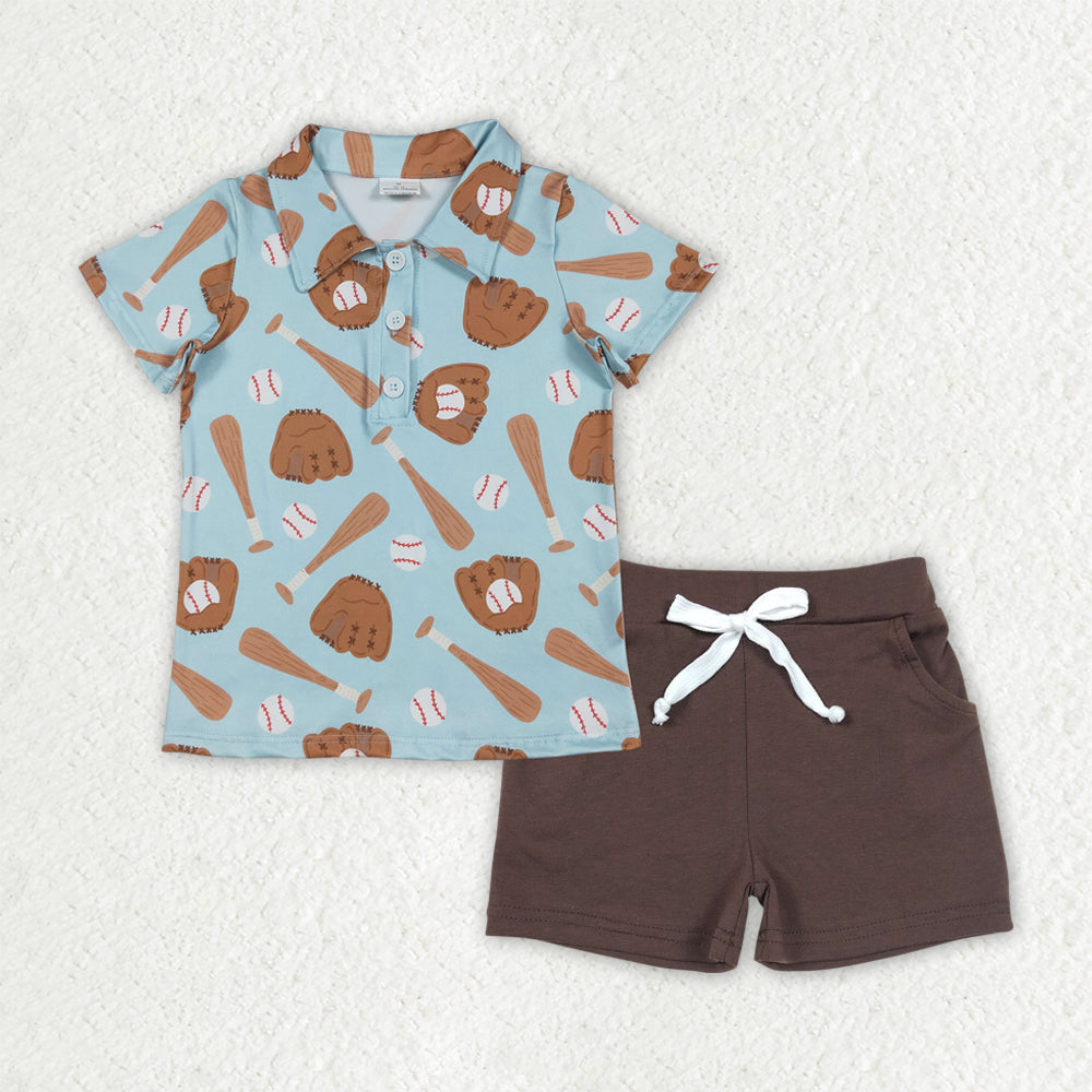 BSSO1805 Baseball Polo Top Brown Shorts Boys Summer Clothes Set