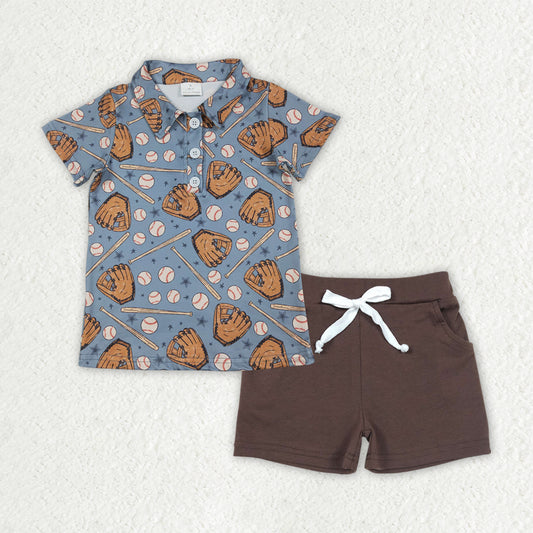 BSSO1806 Baseball Stars Polo Top Brown Shorts Boys Summer Clothes Set