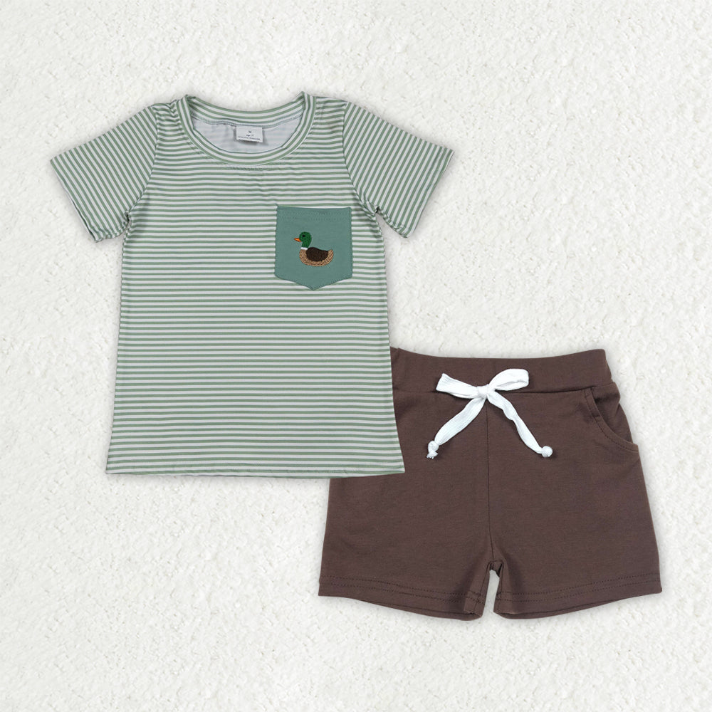 BSSO1807 Duck Embroidery Green Stripes Top Brown Shorts Boys Summer Clothes Set