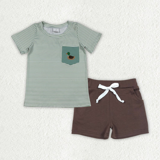 BSSO1807 Duck Embroidery Green Stripes Top Brown Shorts Boys Summer Clothes Set