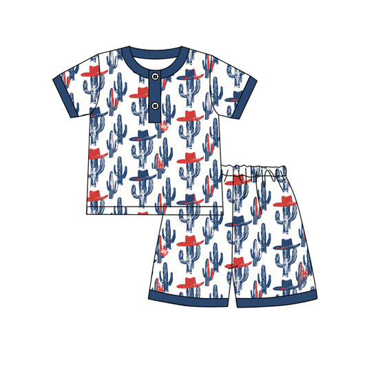 (Pre-order)BSSO1822  Hat Cactus Navy Print Boys 4th of July Western Pajamas Clothes Set