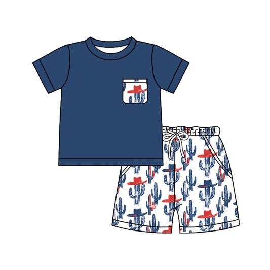 (Pre-order)BSSO1822  Navy Pocket Top Hat Cactus Shorts Boys 4th of July Western Clothes Set