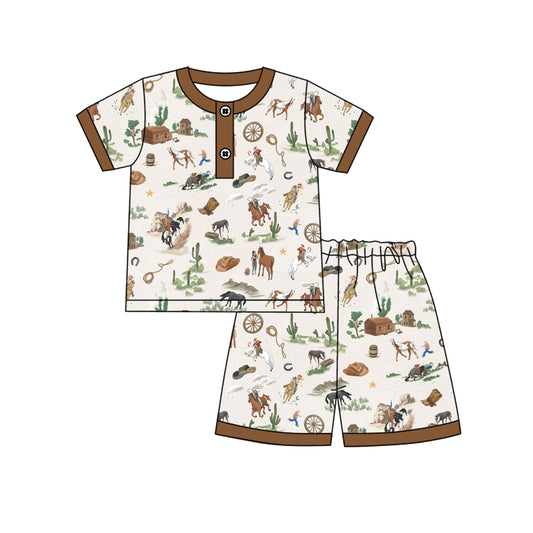 (Pre-order)BSSO1824  Cowboy Horse Print Boys Summer Western Pajamas Clothes Set