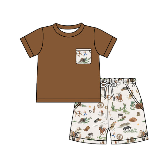 (Pre-order)BSSO1825  Brown Pocket Top Cowboy Horse Shorts Boys Summer Western Clothes Set