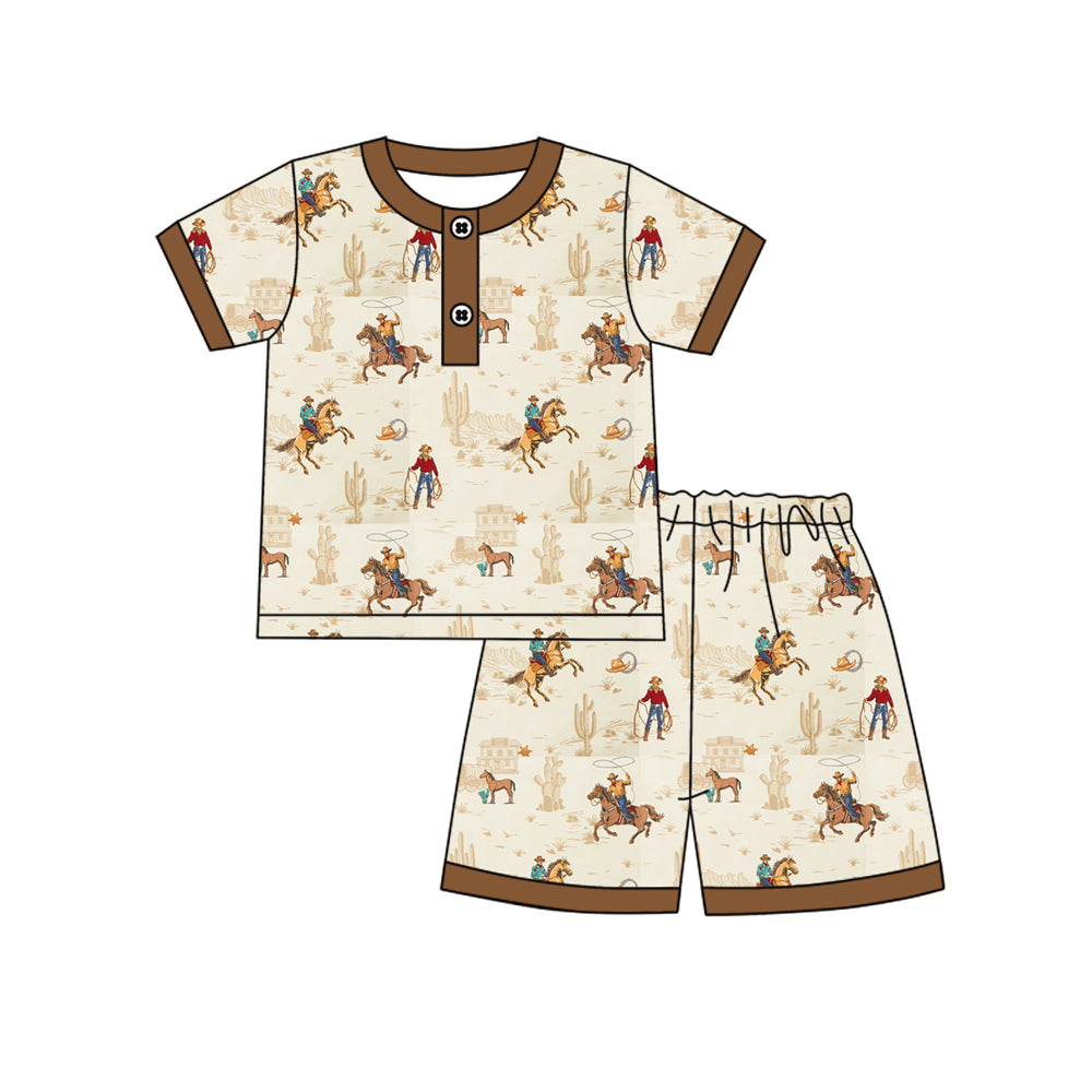 (Pre-order)BSSO1826  Cowboy Cactus Print Boys Summer Western Pajamas Clothes Set