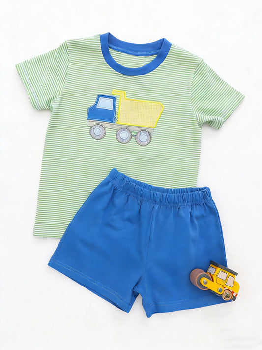 (Pre-order)BSSO1833  Dump Truck Stripes Top Blue Shorts Boys Summer Clothes Set