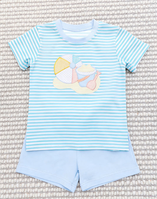 (Pre-order)BSSO1834  Beach Ball Stripes Top Blue Shorts Boys Summer Clothes Set