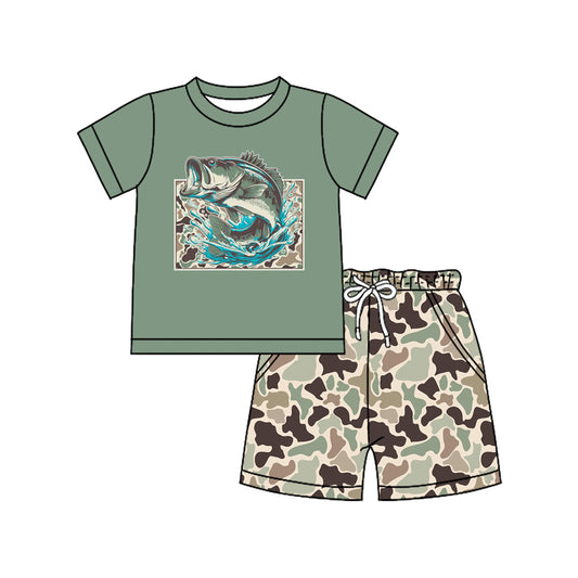 (Pre-order)BSSO1835  Fish Green Top Camo Shorts Boys Summer Clothes Set