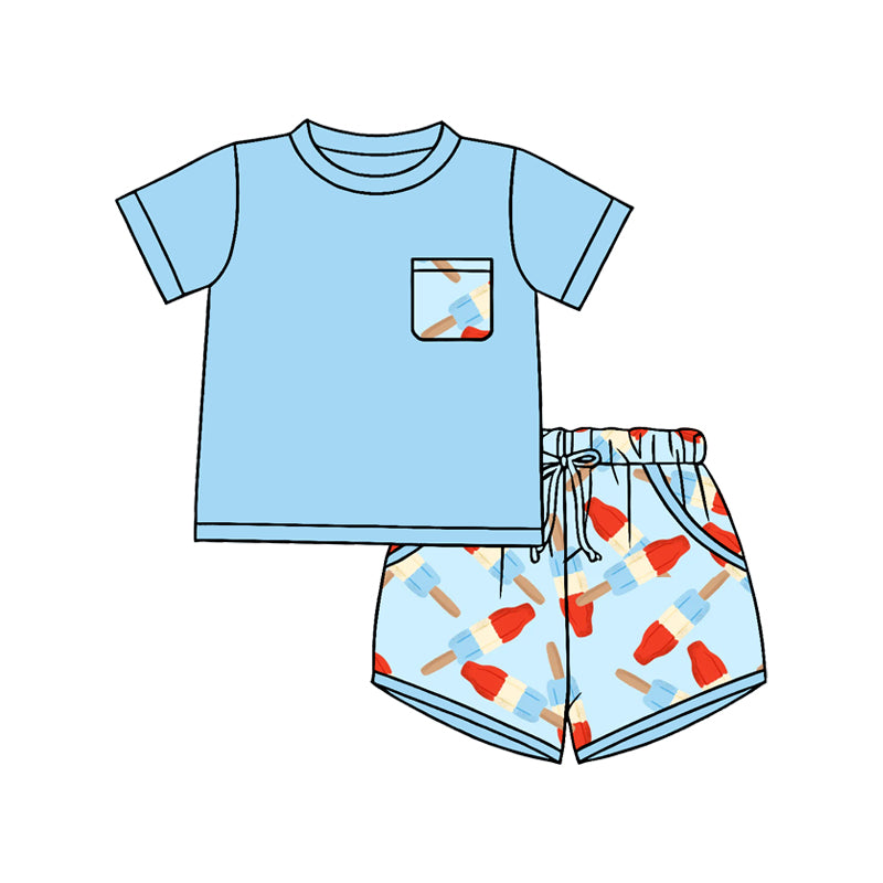 (Pre-order)BSSO1844 Blue Pocket Top Popsicle Shorts Boys 4th of July Clothes Set