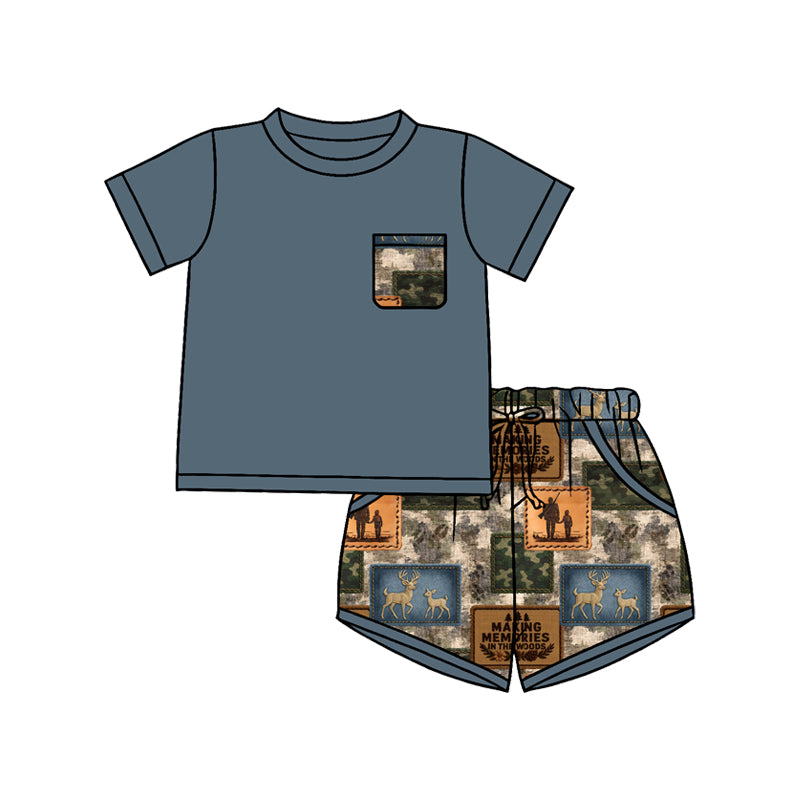 (Pre-order)BSSO1846 Blue Pocket Top Deer Camo Hunting Shorts Boys Summer Clothes Set