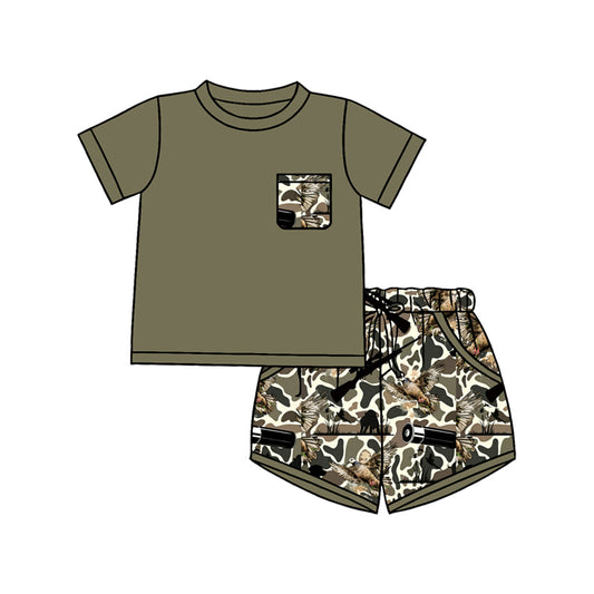 (Pre-order)BSSO1847 Green Pocket Top Duck Camo Hunting Shorts Boys Summer Clothes Set