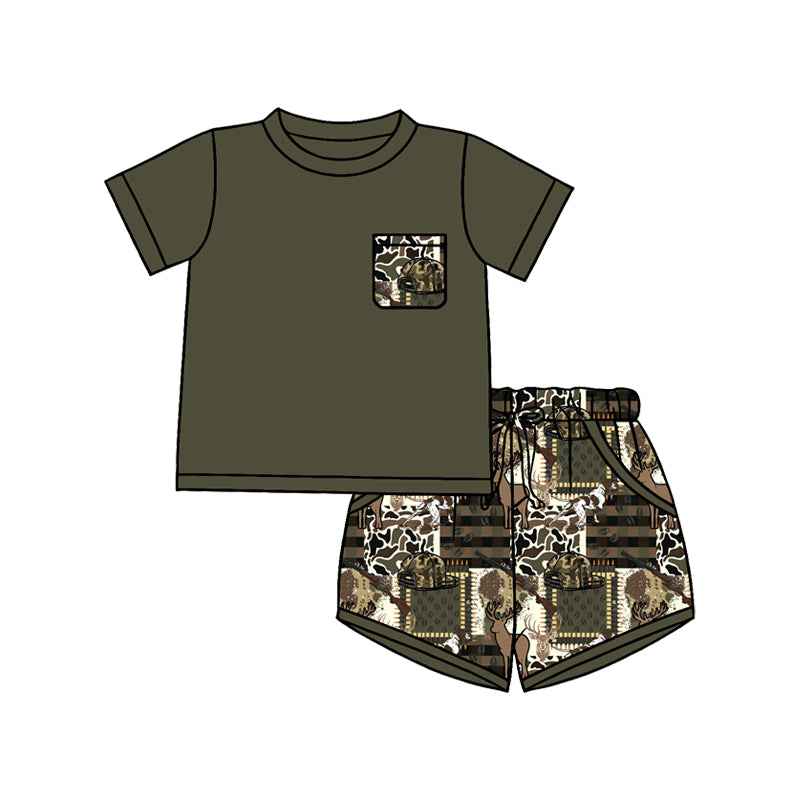 (Pre-order)BSSO1848 Green Pocket Top Deer Camo Hunting Shorts Boys Summer Clothes Set