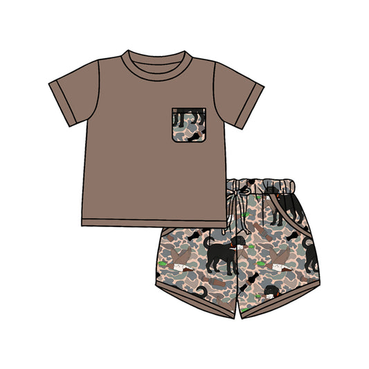 (Pre-order)BSSO1849 Brown Pocket Top Dog Duck Camo Hunting Shorts Boys Summer Clothes Set
