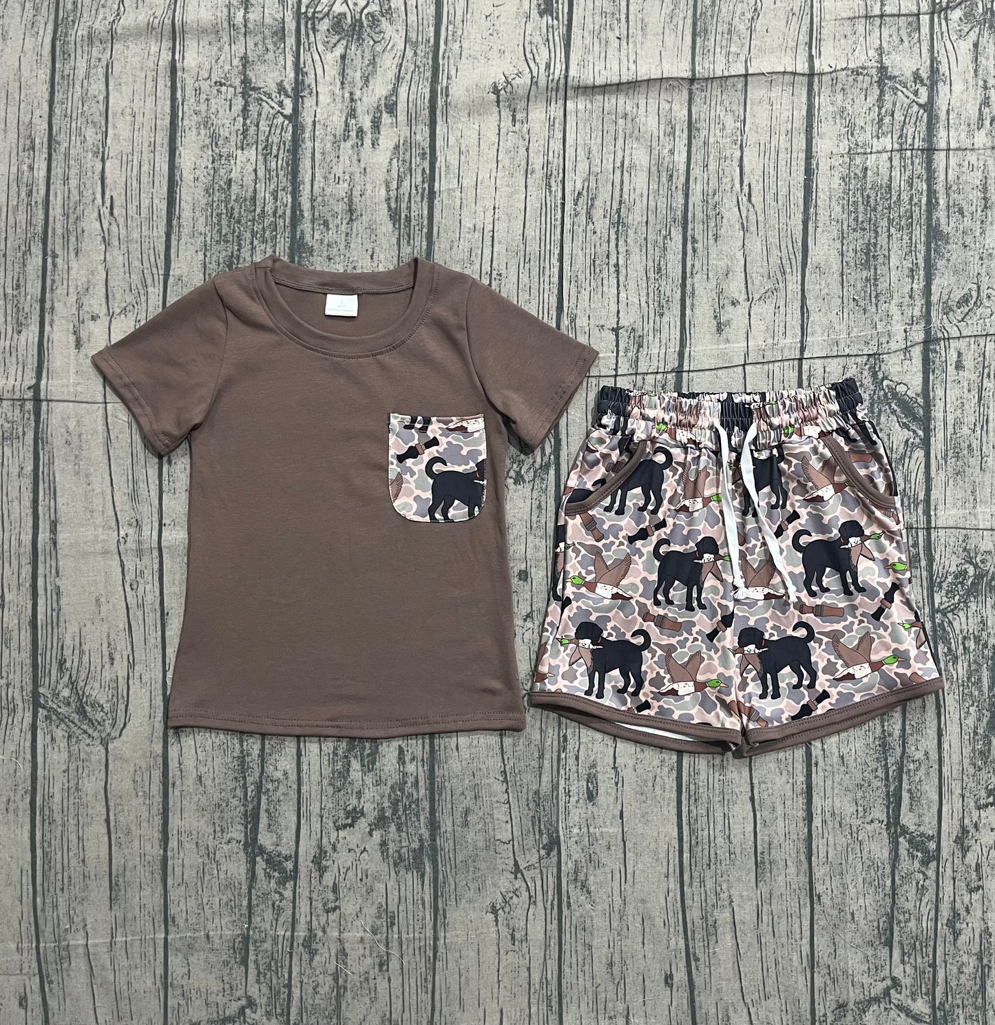 (Pre-order)BSSO1849 Brown Pocket Top Dog Duck Camo Hunting Shorts Boys Summer Clothes Set