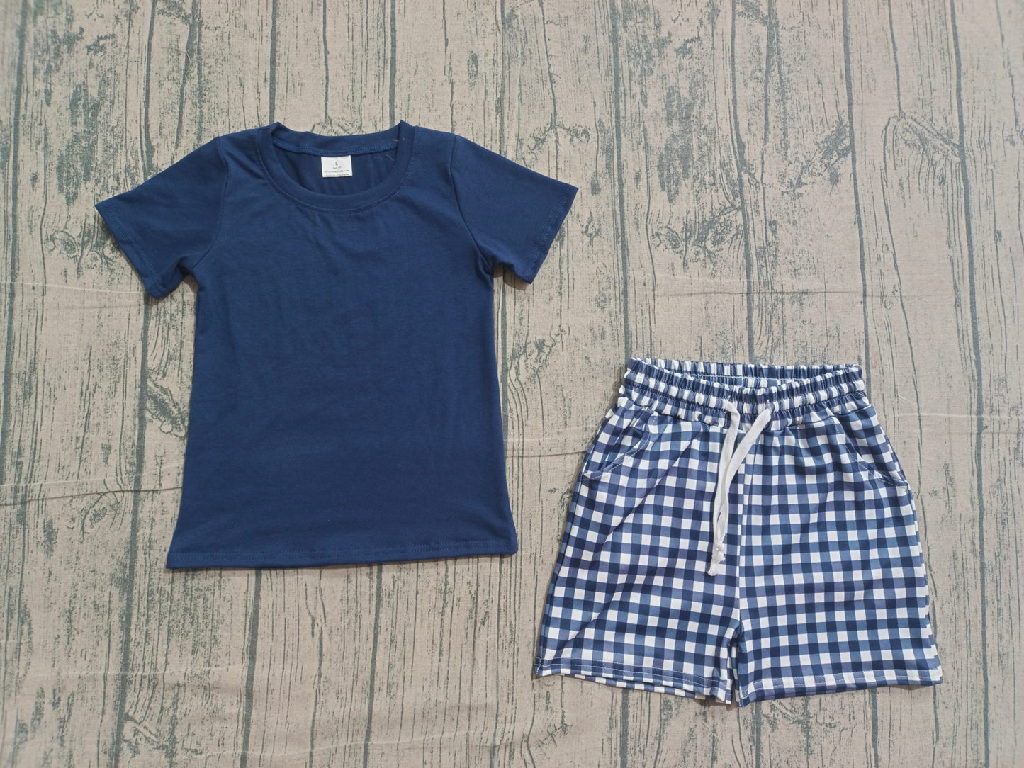 (Pre-order)BSSO1882  Navy Top Plaid Shorts Boys Summer Clothes Set