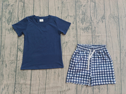 (Pre-order)BSSO1882  Navy Top Plaid Shorts Boys Summer Clothes Set