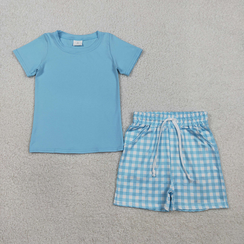BSSO1883  Blue Top Plaid Shorts Boys Summer Clothes Set