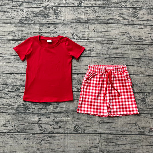 (Pre-order)BSSO1884  Red Top Plaid Shorts Boys Summer Clothes Set