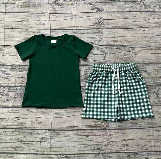 (Pre-order)BSSO1885  Green Top Plaid Shorts Boys Summer Clothes Set