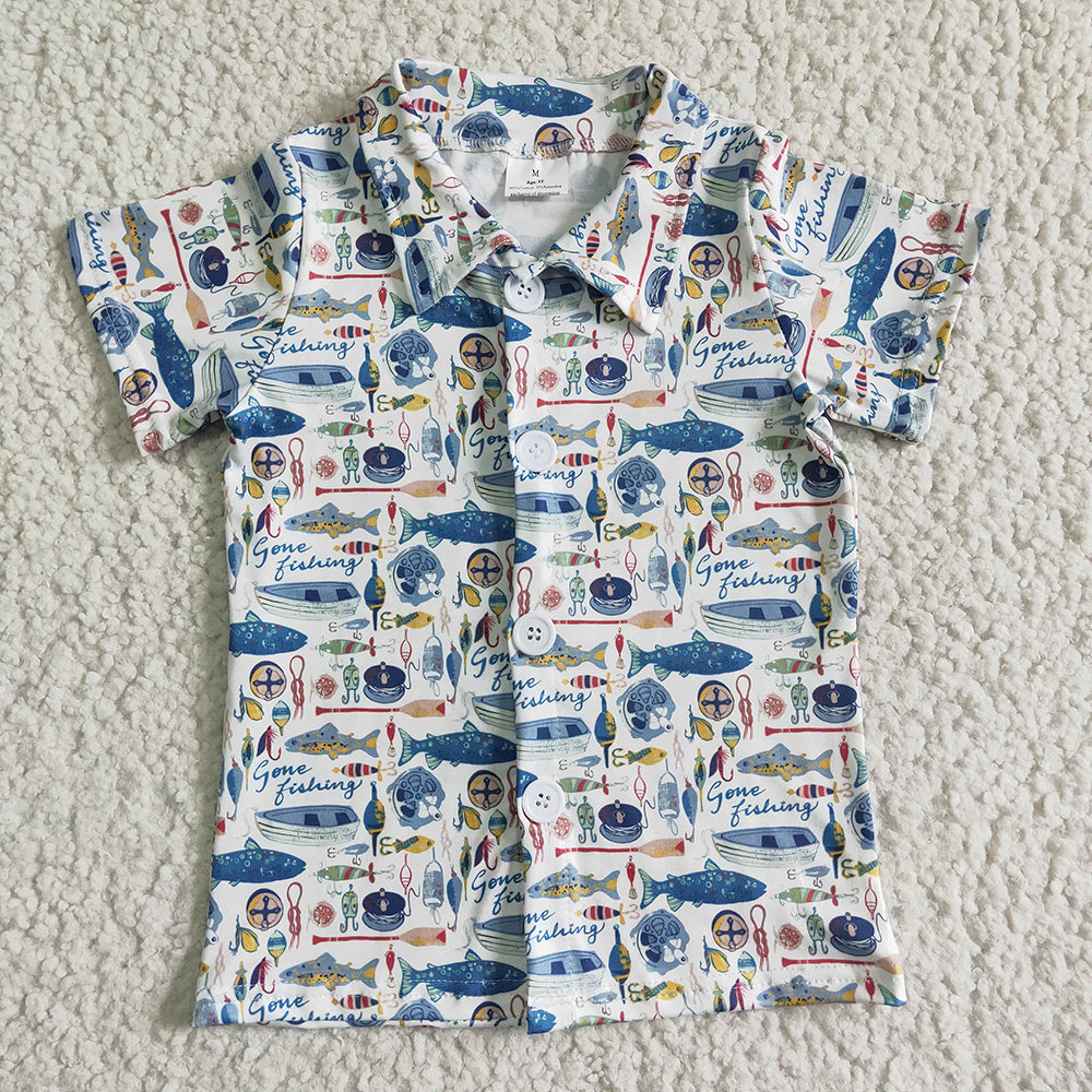 Fishing Print Boys Summer Short Sleeve Tee Shirts Top Brothers Wear