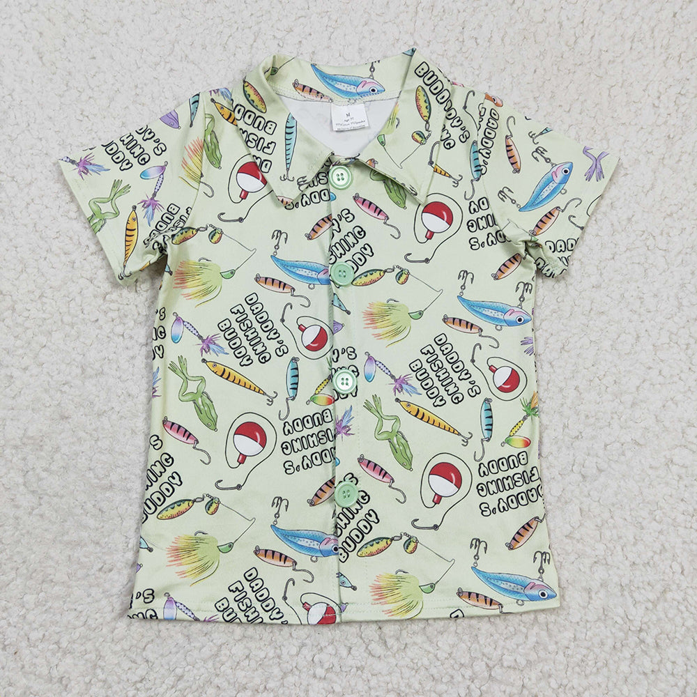 Fishing Print Boys Summer Short Sleeve Tee Shirts Top Brothers Wear