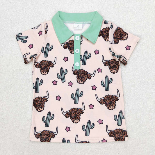 BT0143 Highland Cow Cactus Print Boy Summer Western Polo Shirts Top