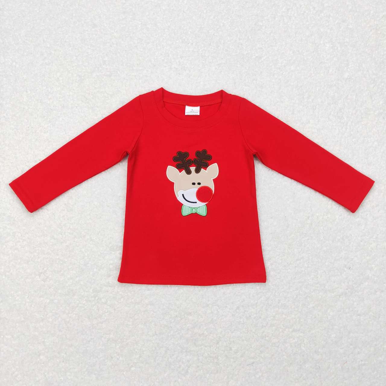 BT0257 Red Deer Embroidery Print Kids Long Sleeve Christmas Top