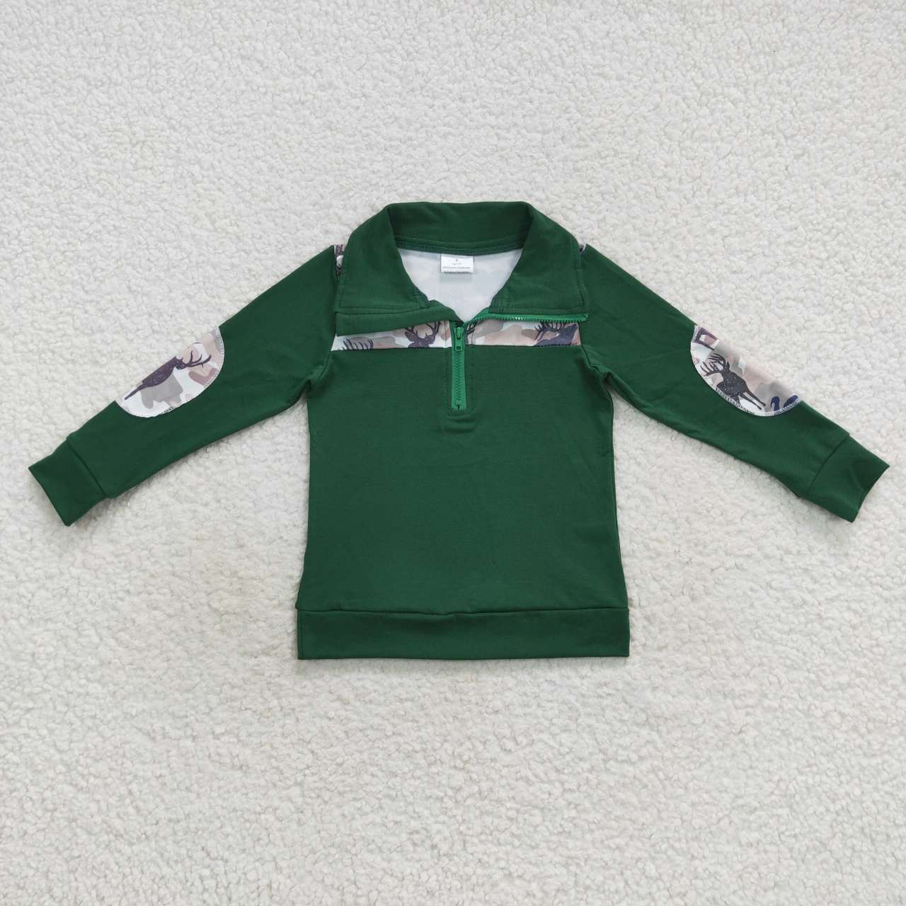BT0277 Boys green deer turkey camo print long sleeve zipper pullover shirts