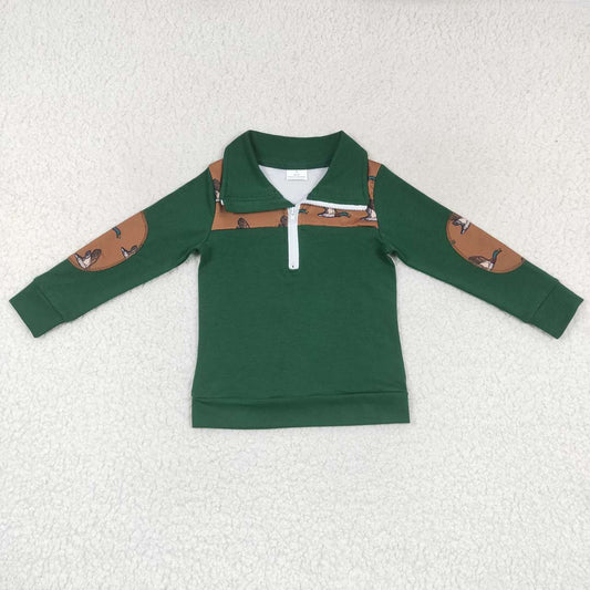 BT0280 Boys green duck print long sleeve zipper pullover shirts top