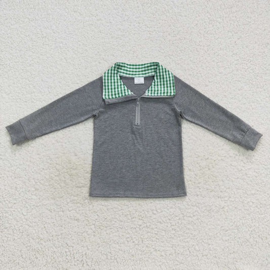 BT0281 Boys grey long sleeve green plaid collarband zipper pullover shirts