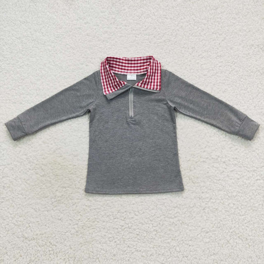 BT0282 Boys grey long sleeve red plaid collarband zipper pullover shirts