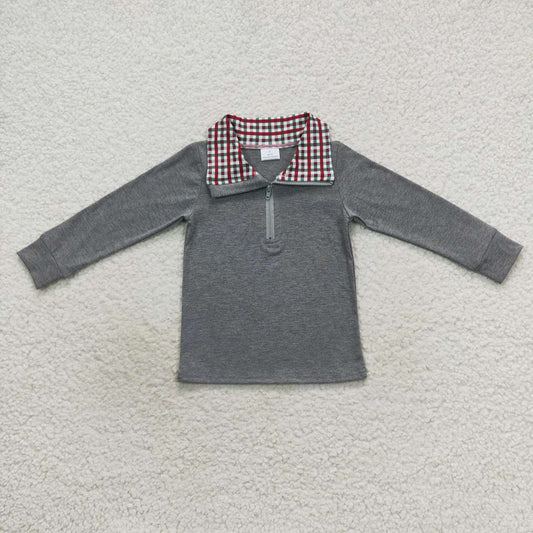BT0283 Boys grey long sleeve red and green plaid collarband zipper pullover shirts