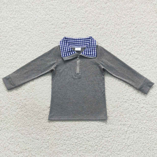 BT0285 Boys grey long sleeve blue plaid collarband zipper pullover shirts