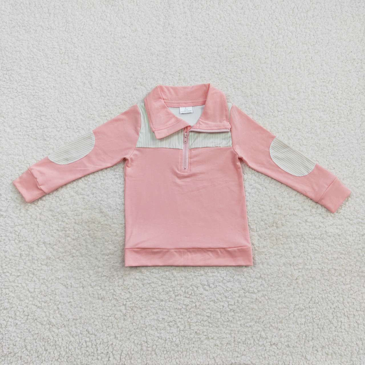 BT0288 Kids Green Stripes Long Sleeve Elbow Pink Pullover Zipper Tee Shirt Top